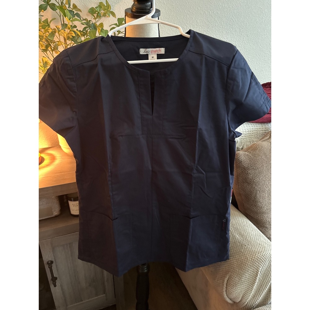 Koi Stretch Women Navy Blue Scrub Top Split Neck Short Sleeve Size M NWT